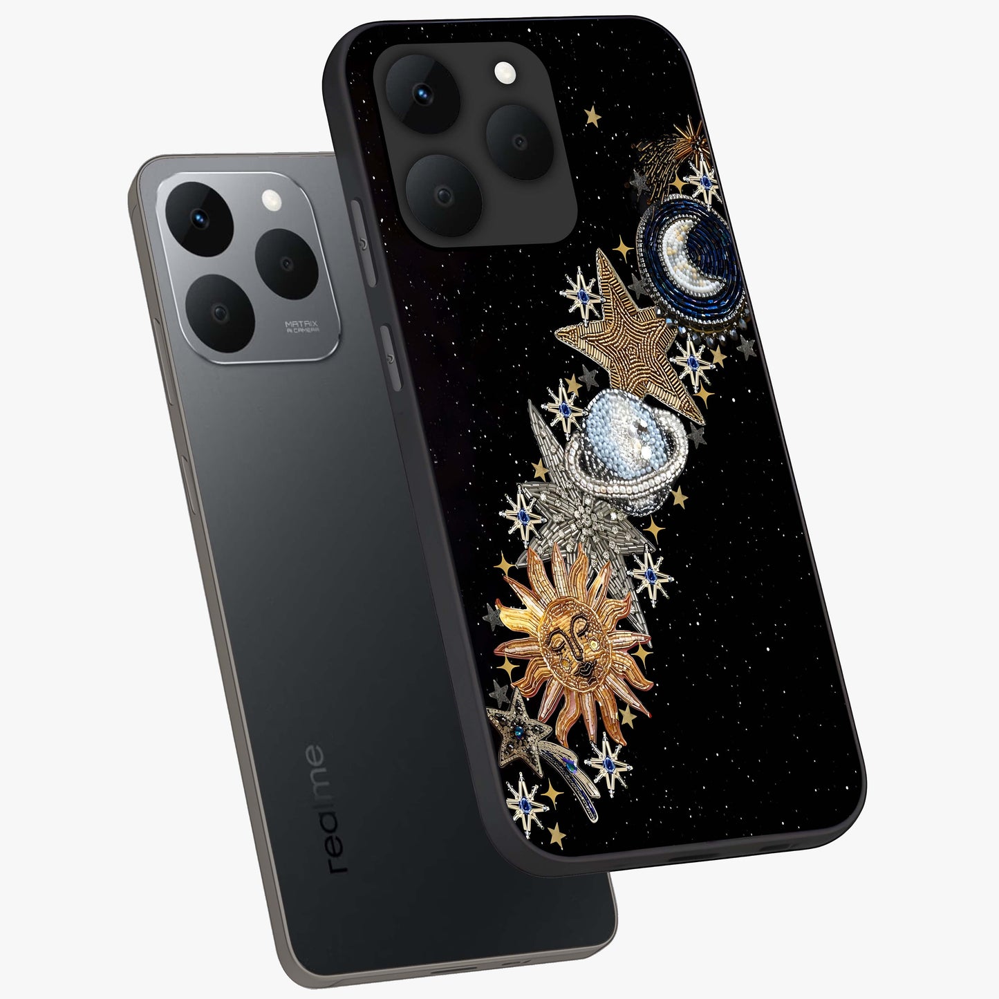 Pearls Universe Object Glass Case displayed in angled mockup highlighting celestial pearl design with dreamy aesthetic.