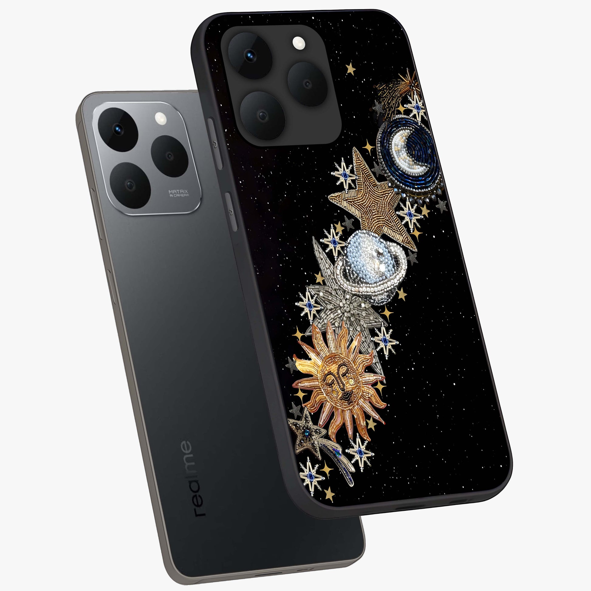 Pearls Universe Object Glass Case displayed in angled mockup highlighting celestial pearl design with dreamy aesthetic.