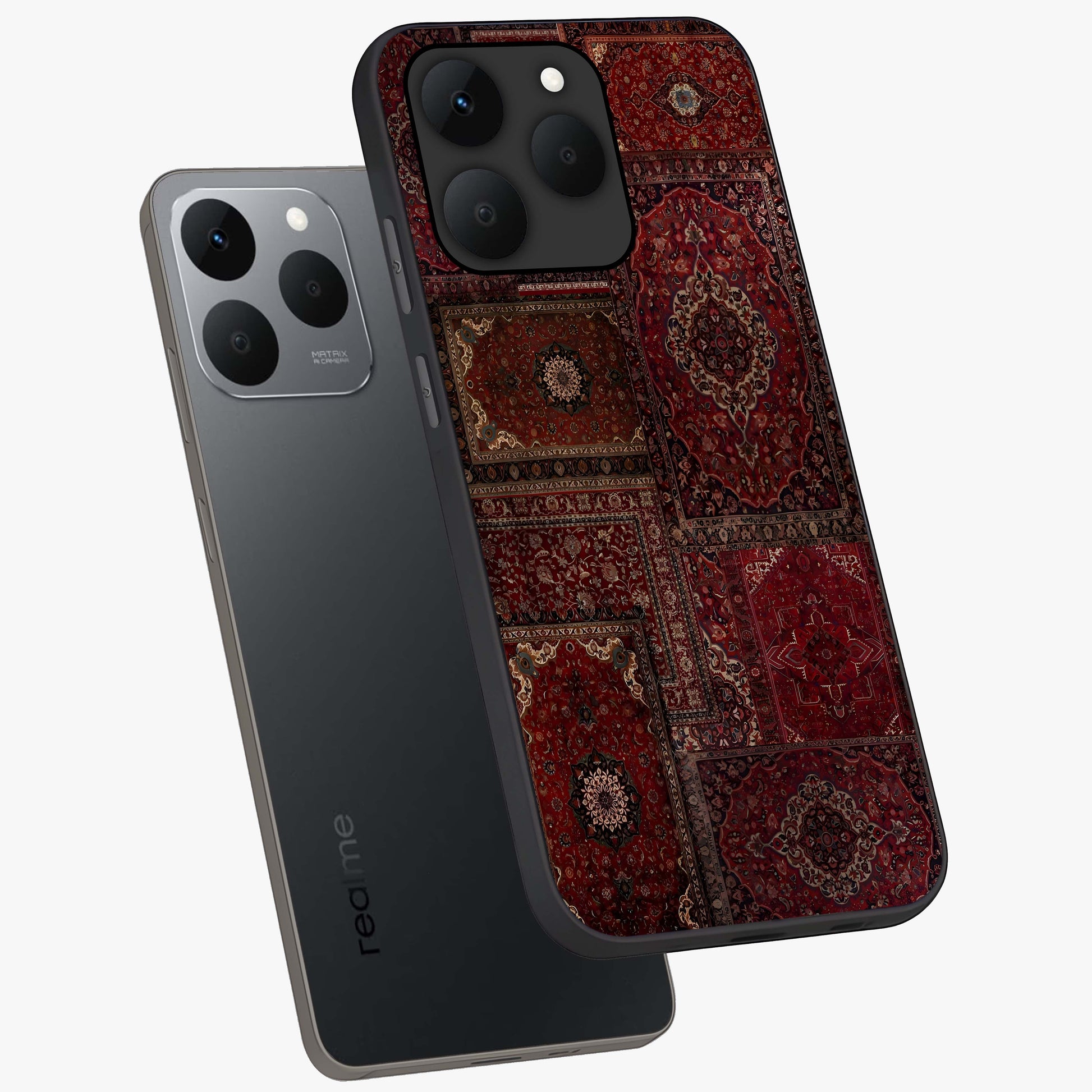 Persian Velvet Tale Glass Case displayed in angled mockup highlighting ornate textile inspired design with royal aesthetic.