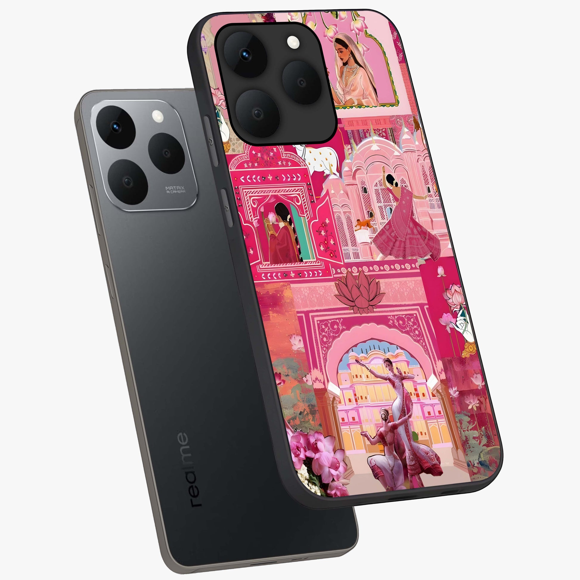Pink Palace Muse Glass Case displayed in angled mockup highlighting dreamy palace illustration with soft pink aesthetic.