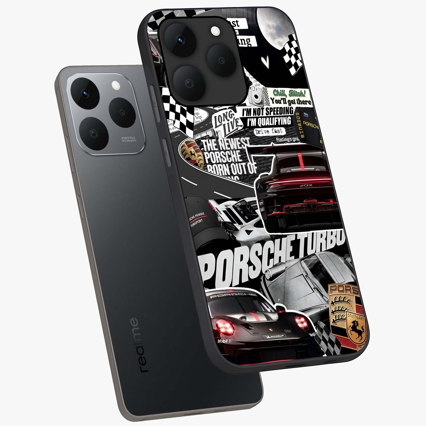 Porsche Racing Collage Glass Case displayed in angled mockup highlighting dynamic automotive design with bold racing aesthetic.