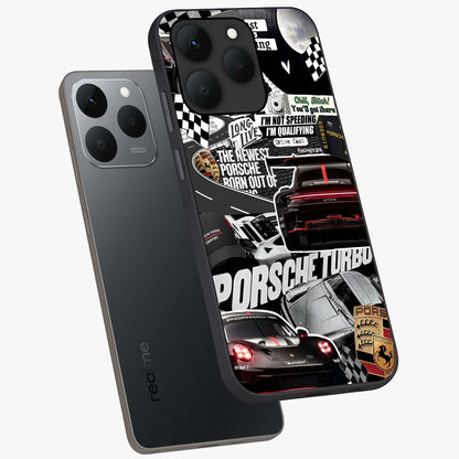 Porsche Racing Collage Glass Case displayed in angled mockup highlighting dynamic automotive design with bold racing aesthetic.