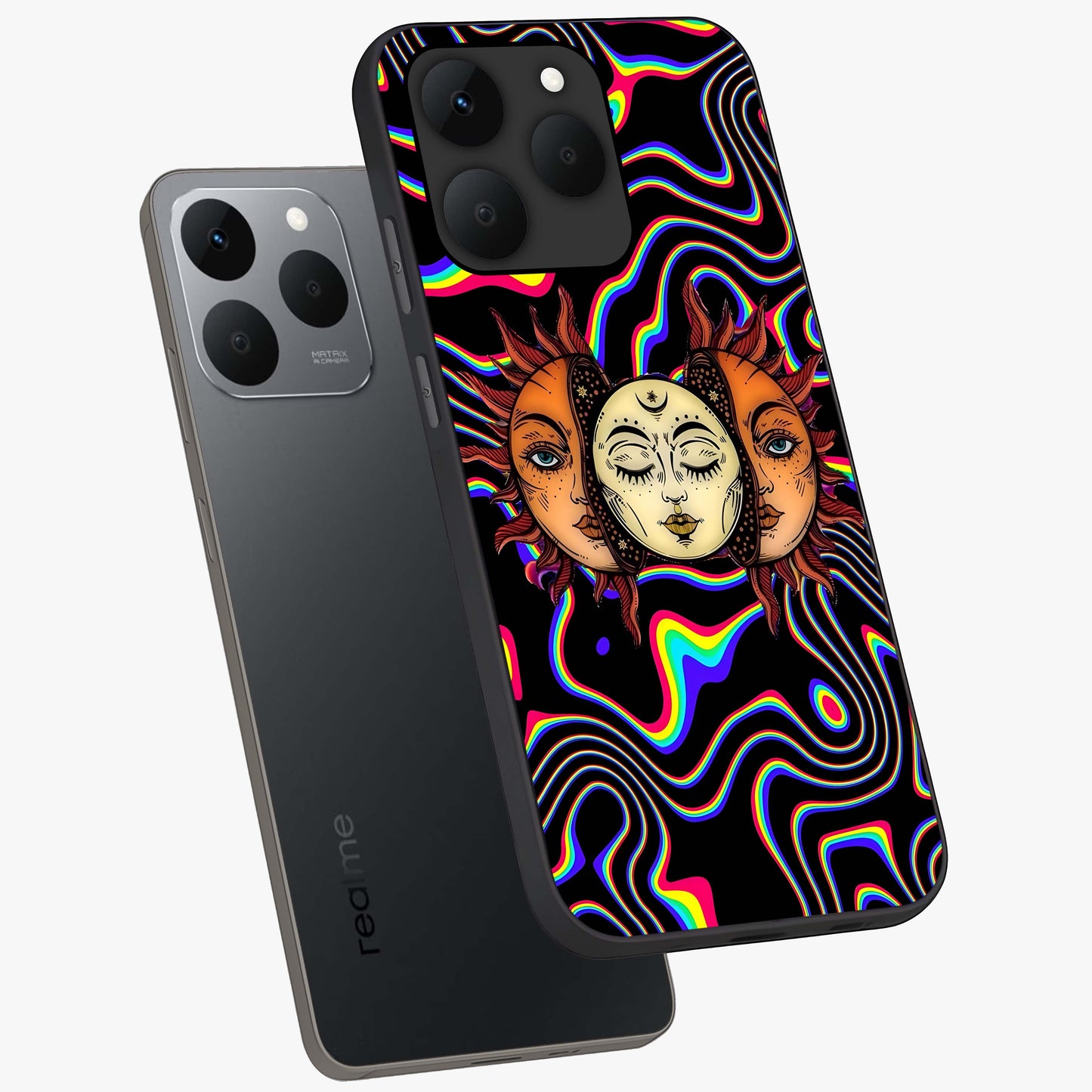 Psychedelic Sun Glass Case displayed in angled mockup highlighting vibrant abstract sun design with artistic aesthetic style.