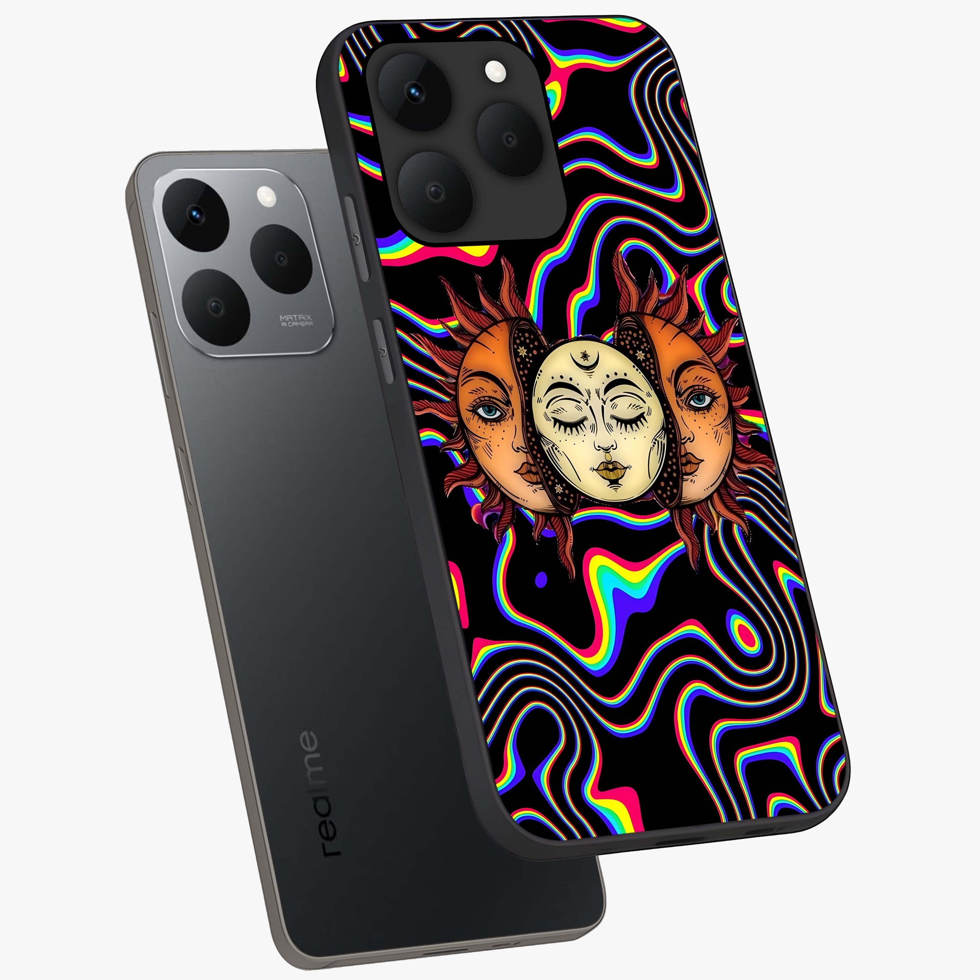 Psychedelic Sun Glass Case displayed in angled mockup highlighting vibrant abstract sun design with artistic aesthetic style.