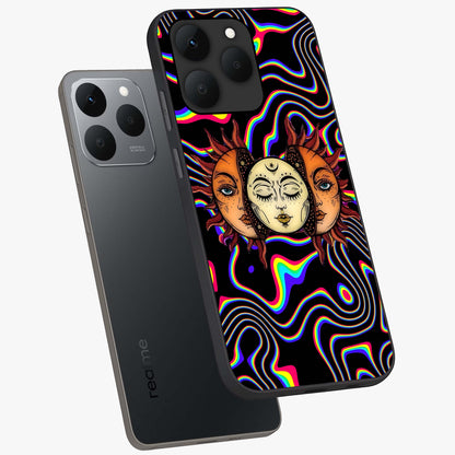 Psychedelic Sun Glass Case displayed in angled mockup highlighting vibrant abstract sun design with artistic aesthetic style.