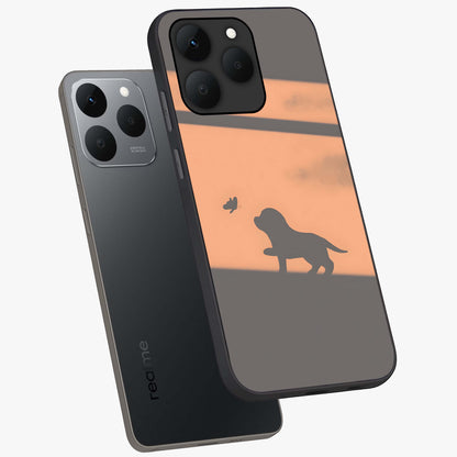 Puppy Shadow Art Glass Case displayed in angled mockup highlighting playful dog illustration with artistic shadow aesthetic.