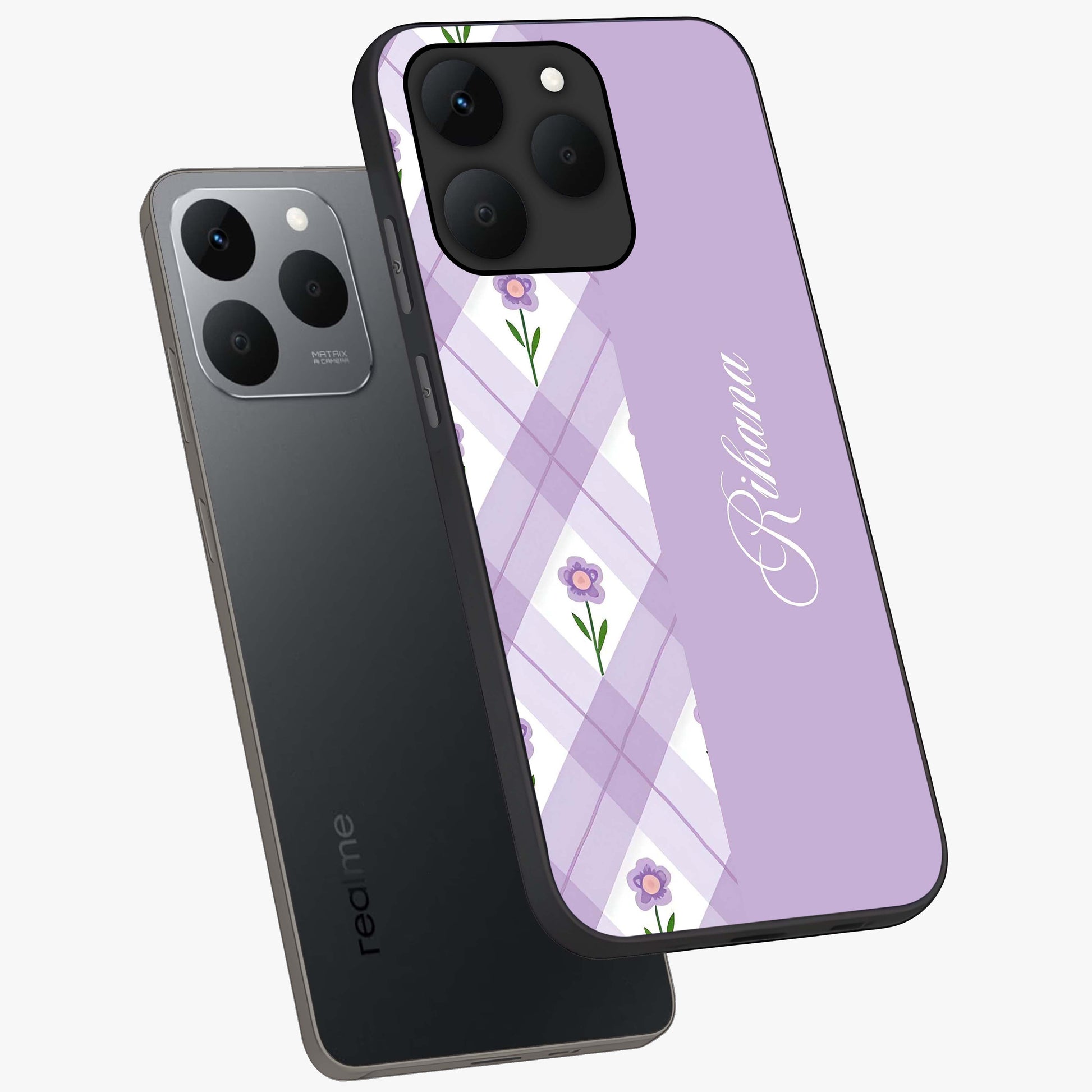 Purple Diamond Floral Glass Case displayed in angled mockup highlighting elegant purple flower design with decorative pattern.