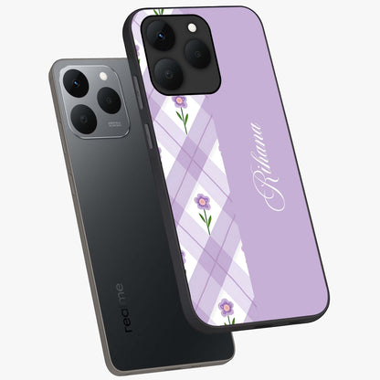 Purple Diamond Floral Glass Case displayed in angled mockup highlighting elegant purple flower design with decorative pattern.