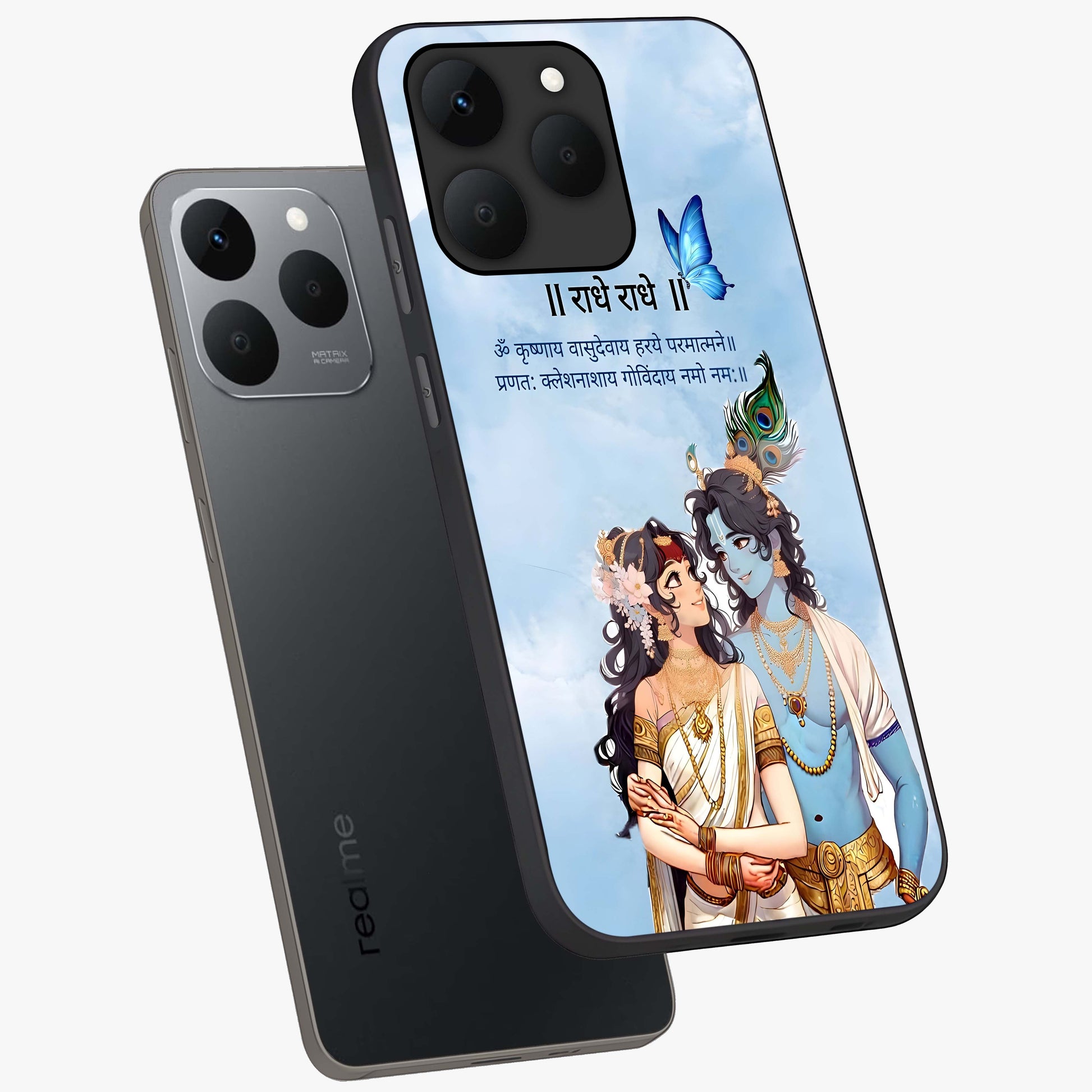 Radha Krishna Eternal Glass Case displayed in angled mockup highlighting divine Radha Krishna illustration with spiritual aesthetic.