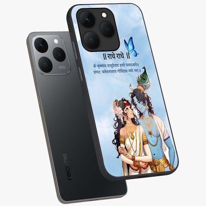 Radha Krishna Eternal Glass Case displayed in angled mockup highlighting divine Radha Krishna illustration with spiritual aesthetic.