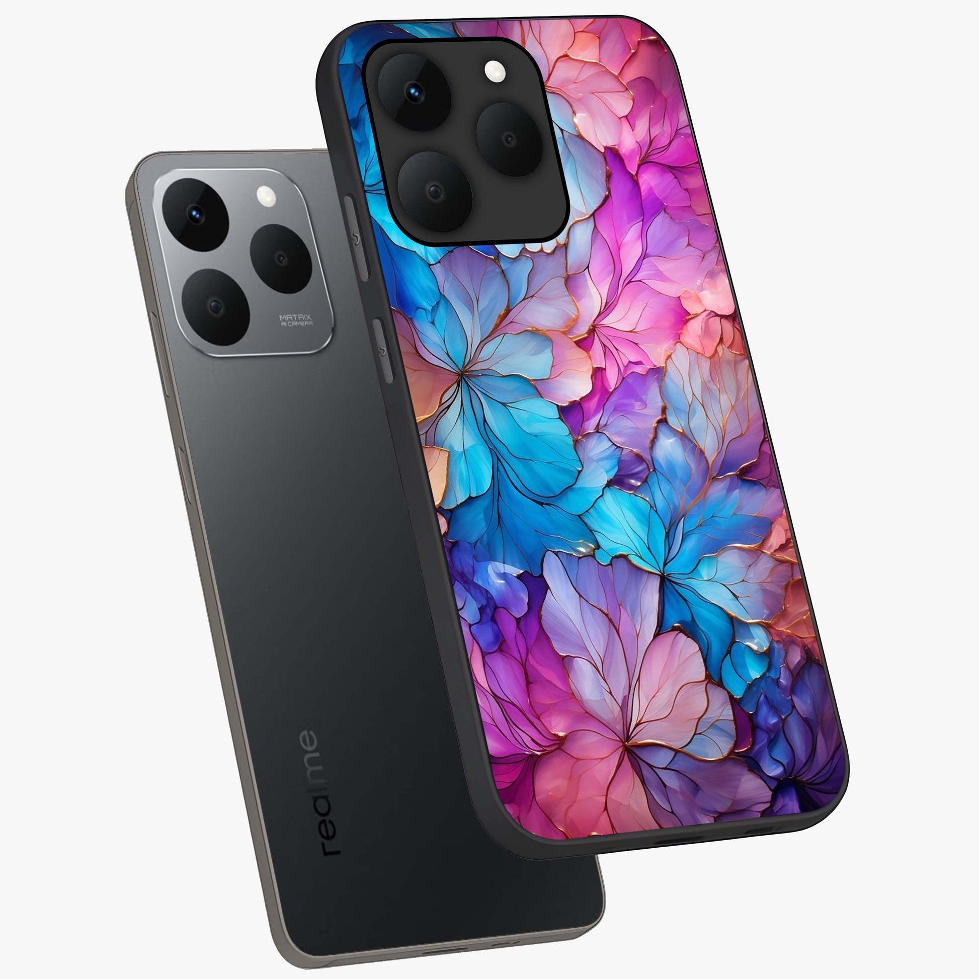 Radiant Floral Whirl Glass Case displayed in angled mockup highlighting vibrant flower pattern with dynamic artistic aesthetic.