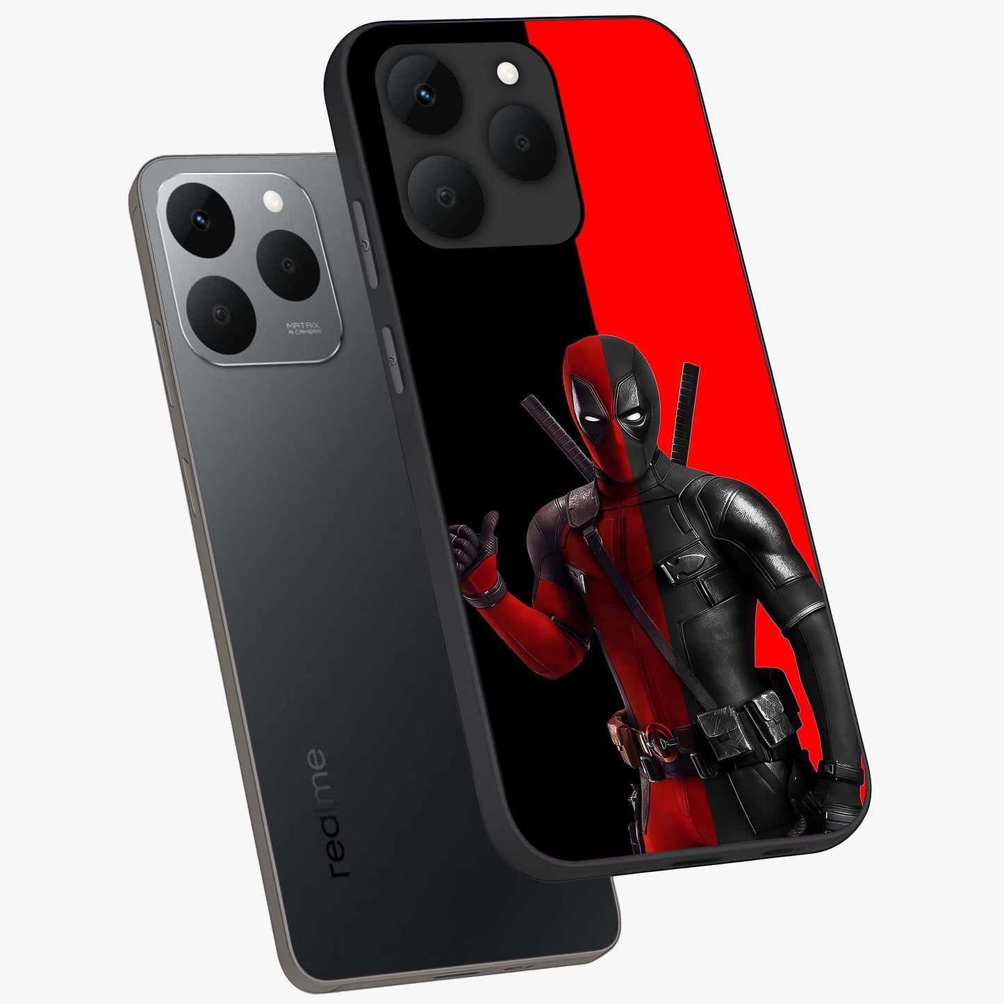 Red & Black Deadpool Theme Glass Case displayed in angled mockup highlighting vibrant superhero style illustration with action aesthetic.