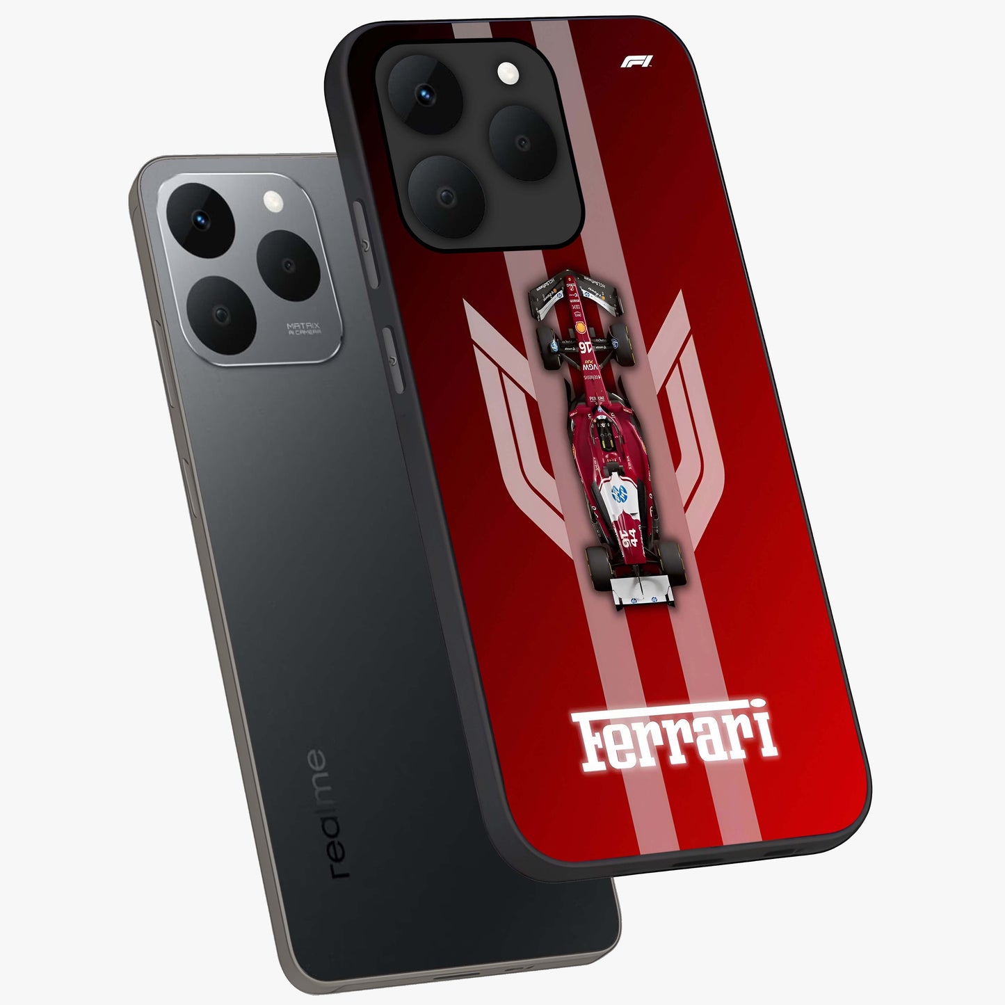 Red Ferrari F1 Vertical Glass Case displayed in angled mockup highlighting high speed racing design with bold automotive aesthetic.