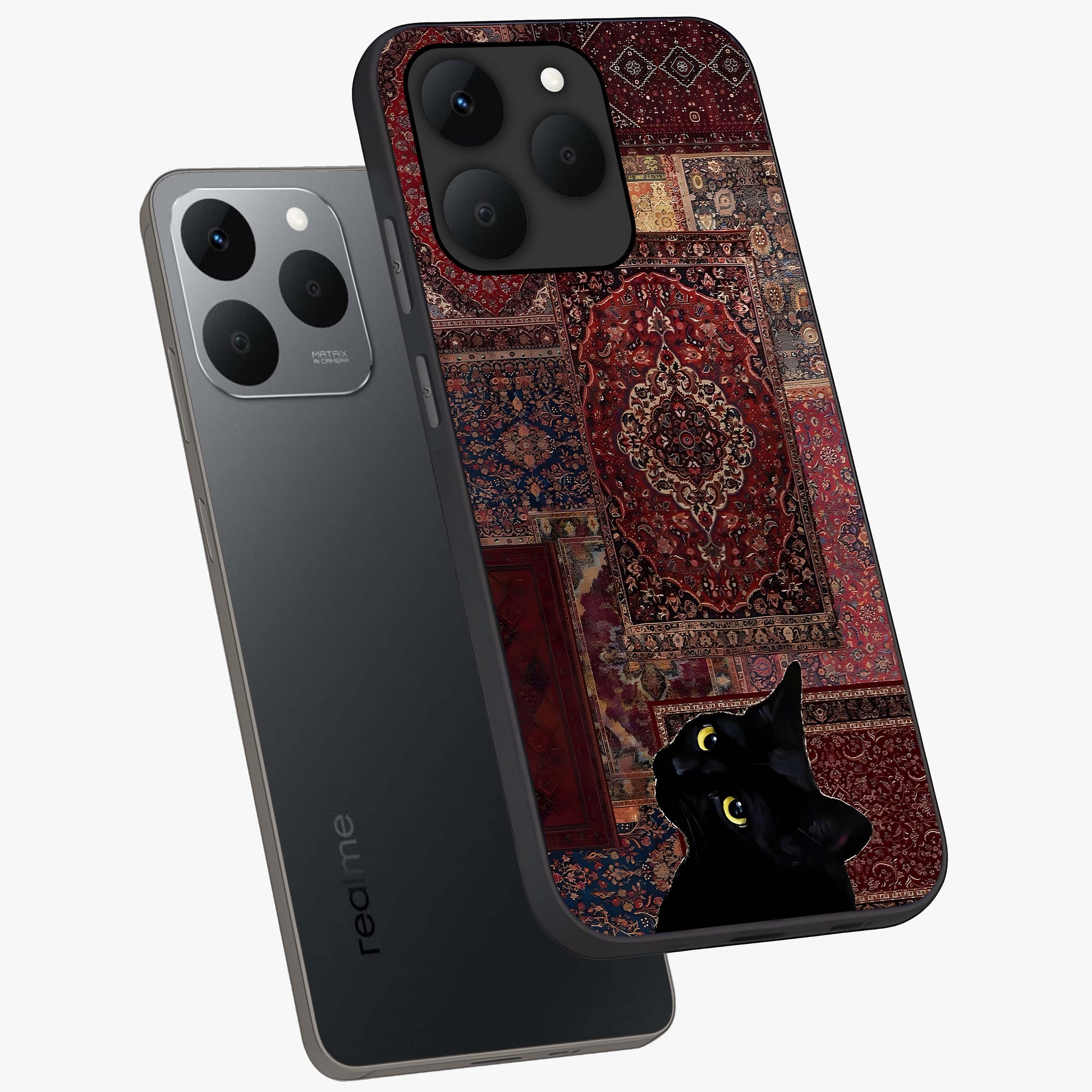 Regal Magic Cat Apple Glass Case displayed in angled mockup highlighting whimsical feline design with fantasy aesthetic.