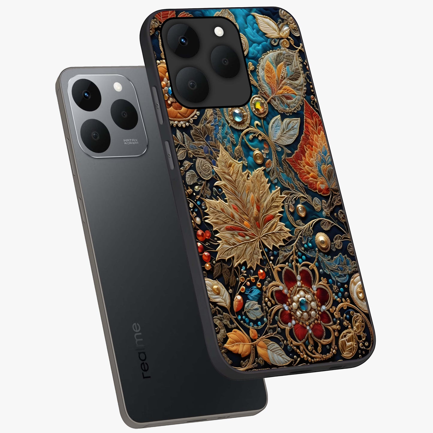 Royal Jewel Garden Glass Case displayed in angled mockup highlighting vibrant jewel inspired floral design with elegant aesthetic.