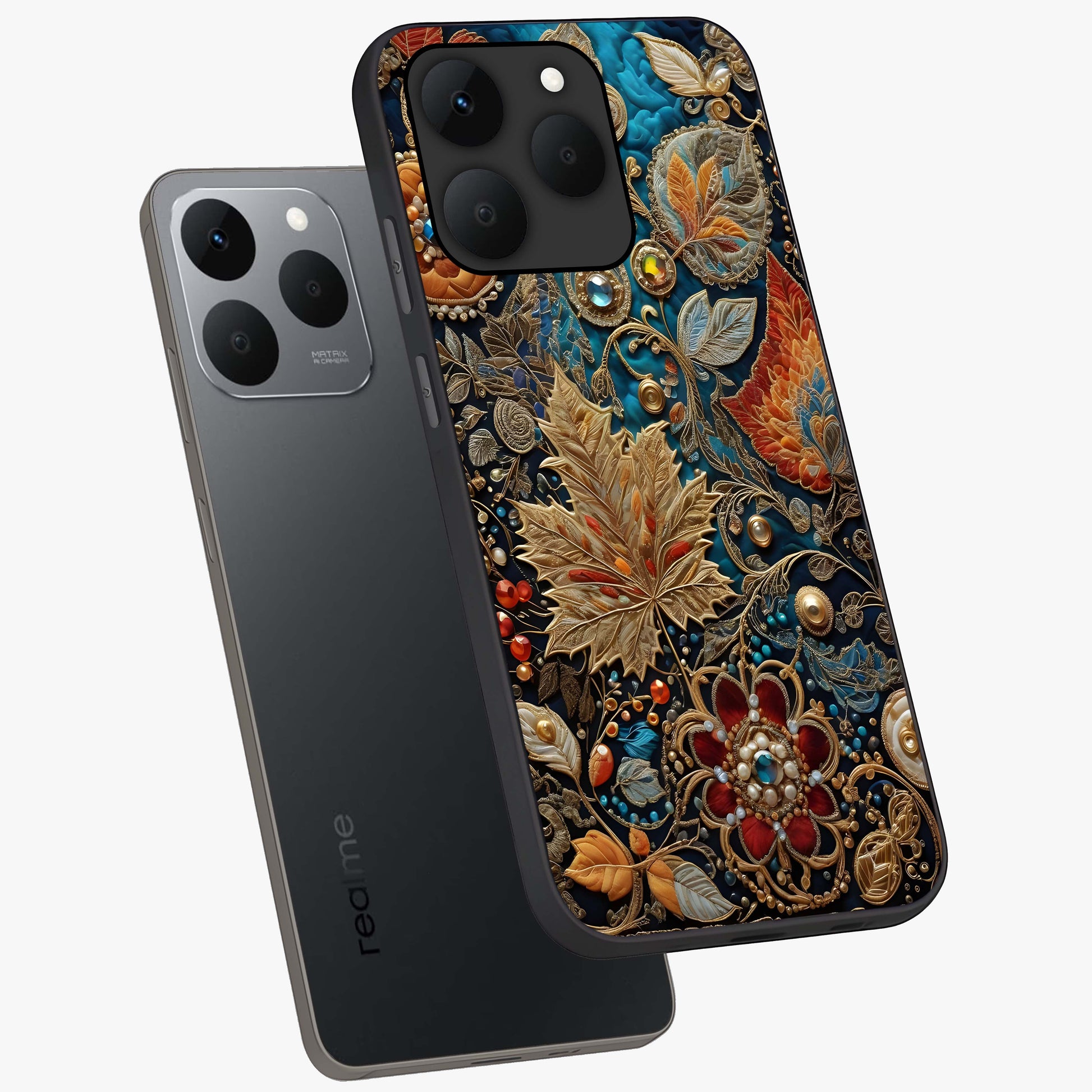 Royal Jewel Garden Glass Case displayed in angled mockup highlighting vibrant jewel inspired floral design with elegant aesthetic.