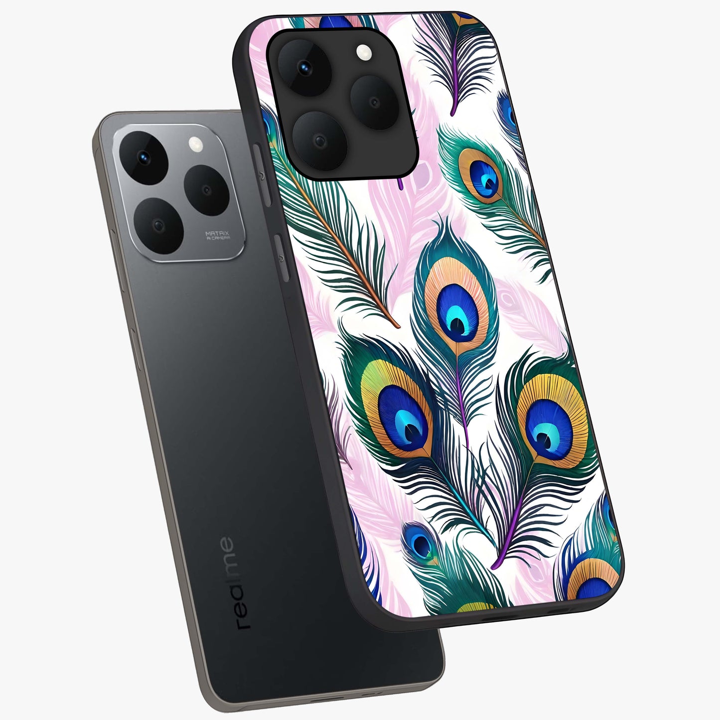 Royal Peacock Feathers Glass Case displayed in angled mockup highlighting vibrant feather pattern with regal aesthetic style.
