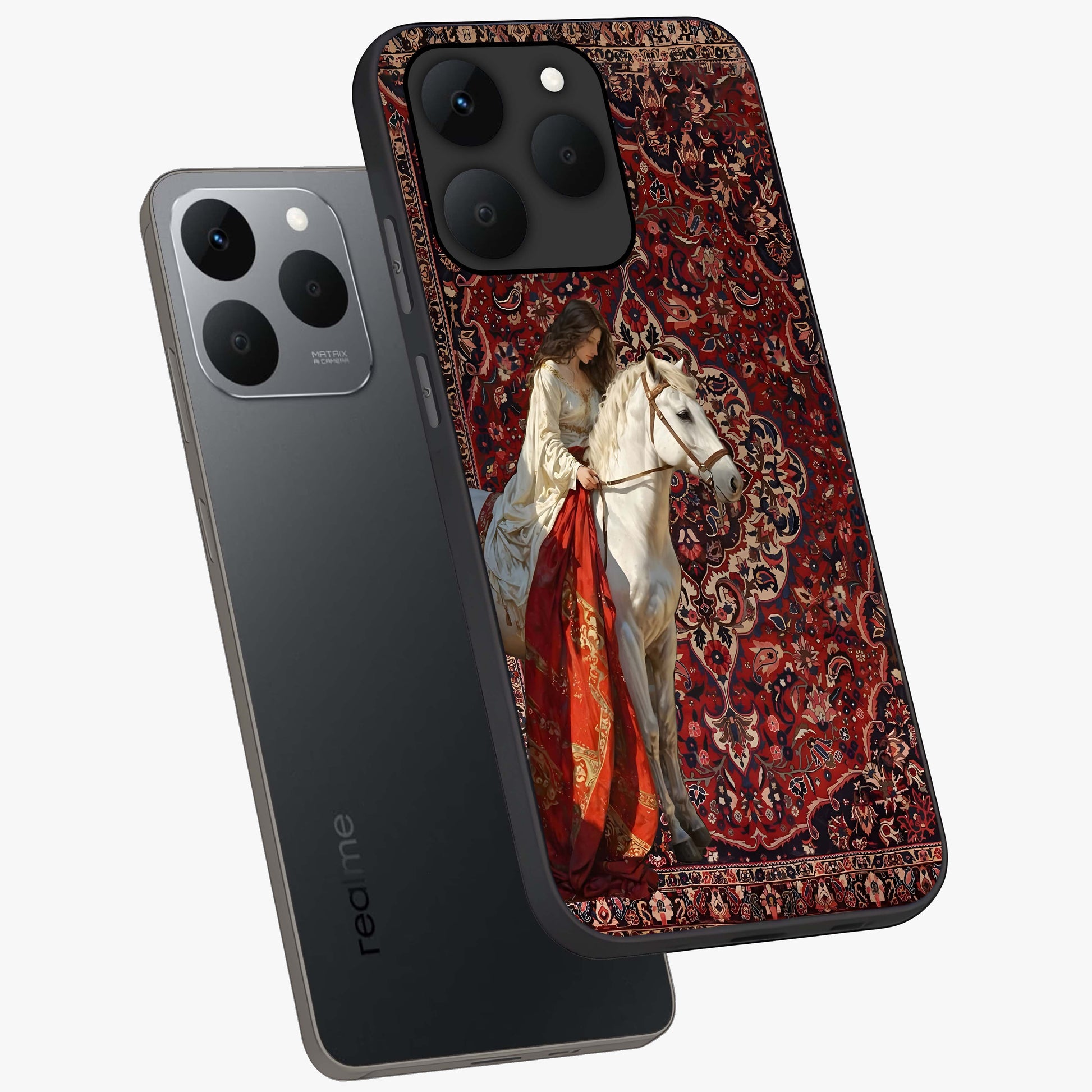 Royal Rider Tapestry Glass Case displayed in angled mockup highlighting traditional tapestry design with royal heritage aesthetic.