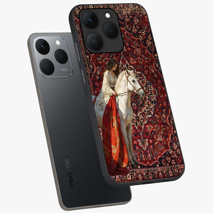 Royal Rider Tapestry Glass Case displayed in angled mockup highlighting traditional tapestry design with royal heritage aesthetic.