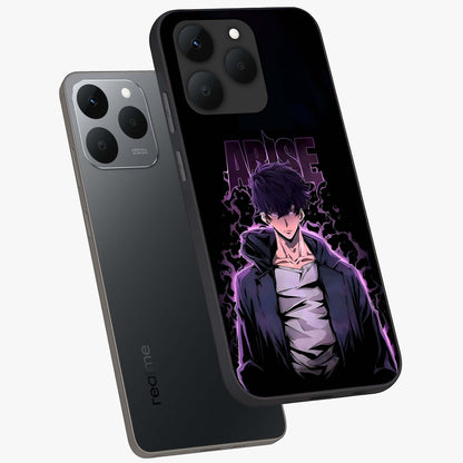 Shadow Monarch Awakening Glass Case displayed in angled mockup highlighting dramatic shadow warrior design with fantasy aesthetic.