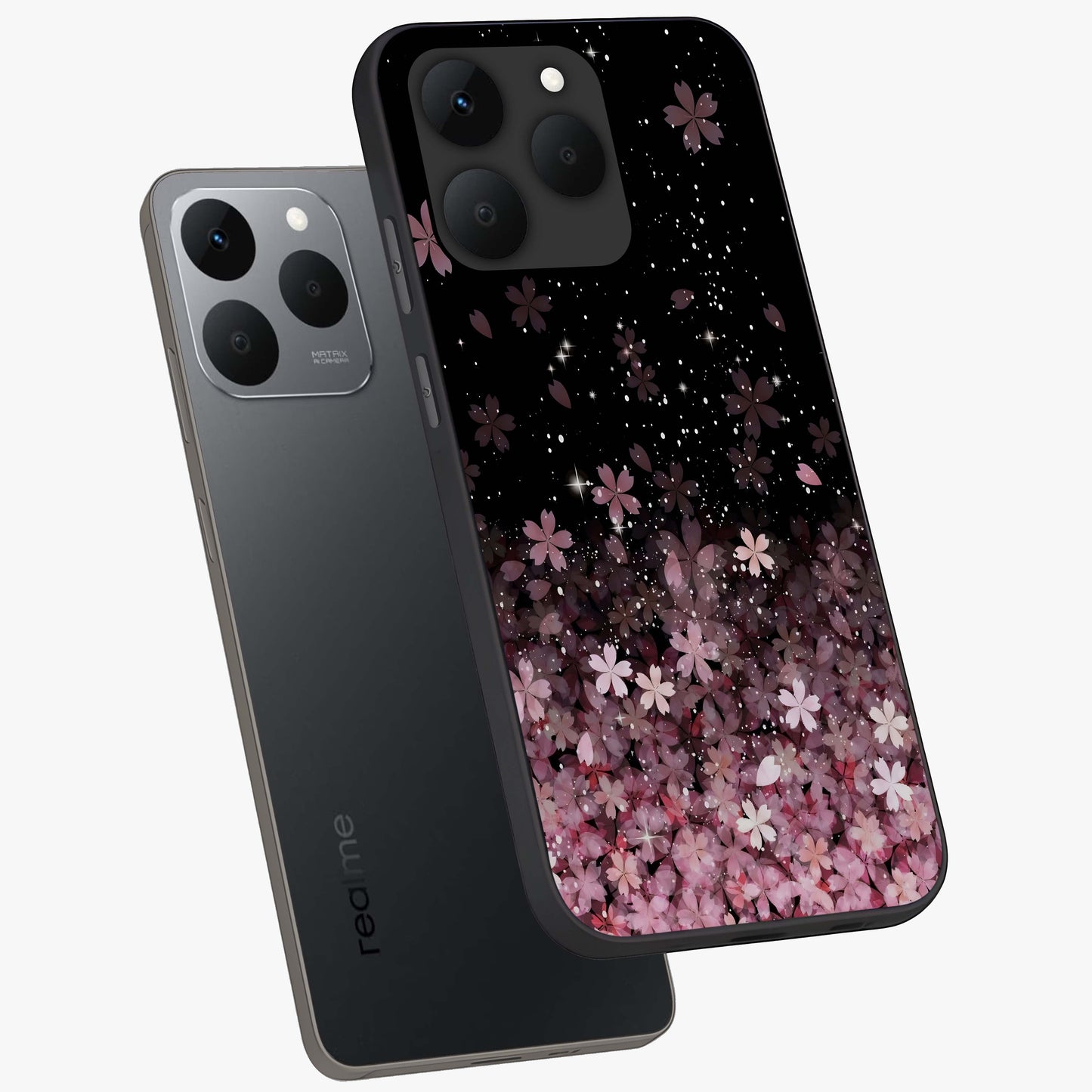 Small Starry Flowers Glass Case displayed in angled mockup highlighting tiny flower pattern with celestial aesthetic style.