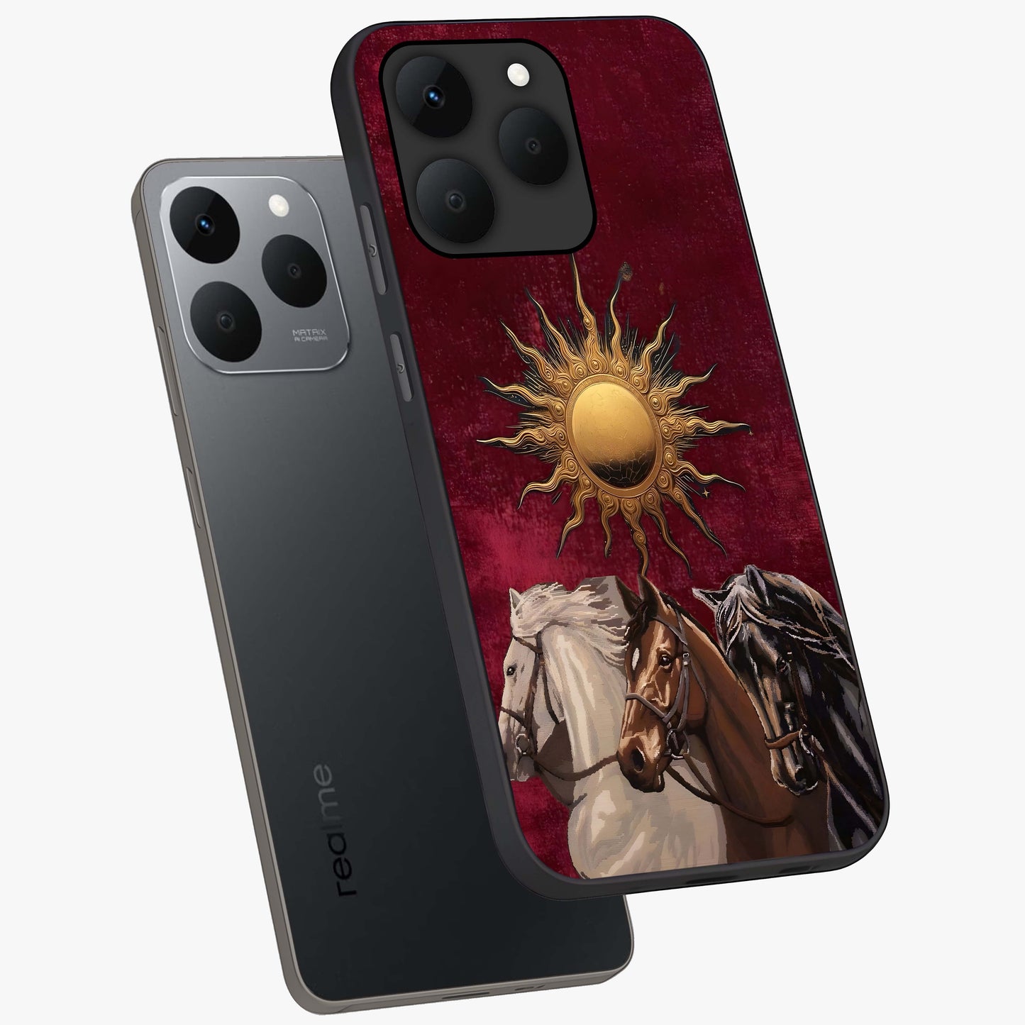 Solar Riders Glass Case displayed in angled mockup highlighting powerful rider illustration with radiant solar aesthetic.