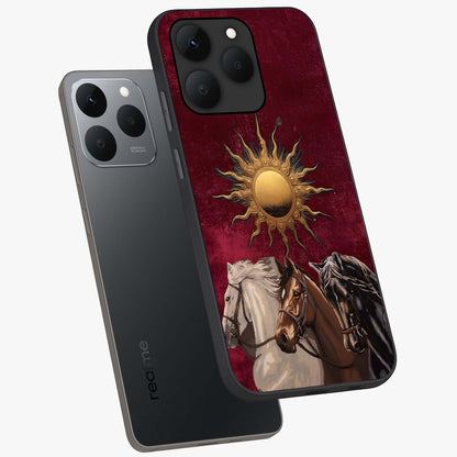 Solar Riders Glass Case displayed in angled mockup highlighting powerful rider illustration with radiant solar aesthetic.