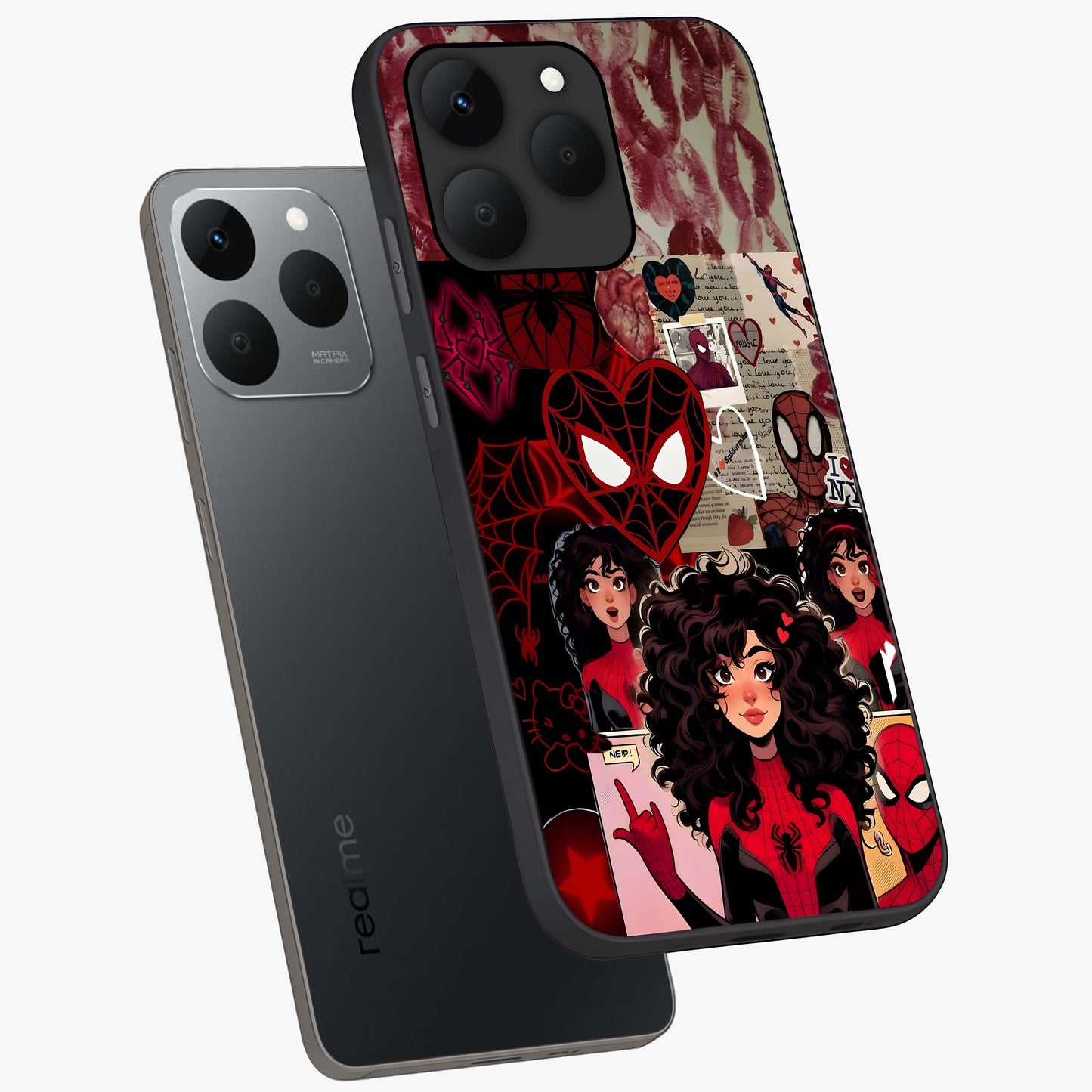 Spider Love Story Glass Case displayed in angled mockup highlighting expressive comic inspired design with playful aesthetic.