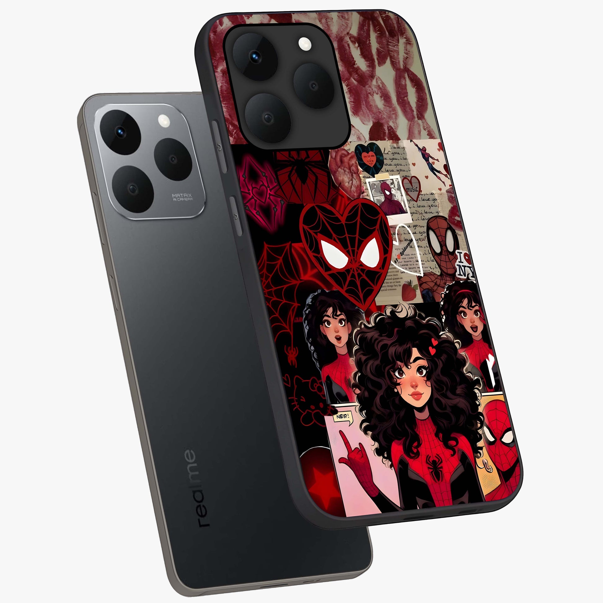 Spider Love Story Glass Case displayed in angled mockup highlighting expressive comic inspired design with playful aesthetic.
