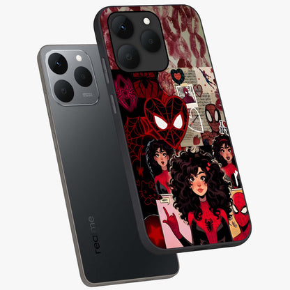Spider Love Story Glass Case displayed in angled mockup highlighting expressive comic inspired design with playful aesthetic.