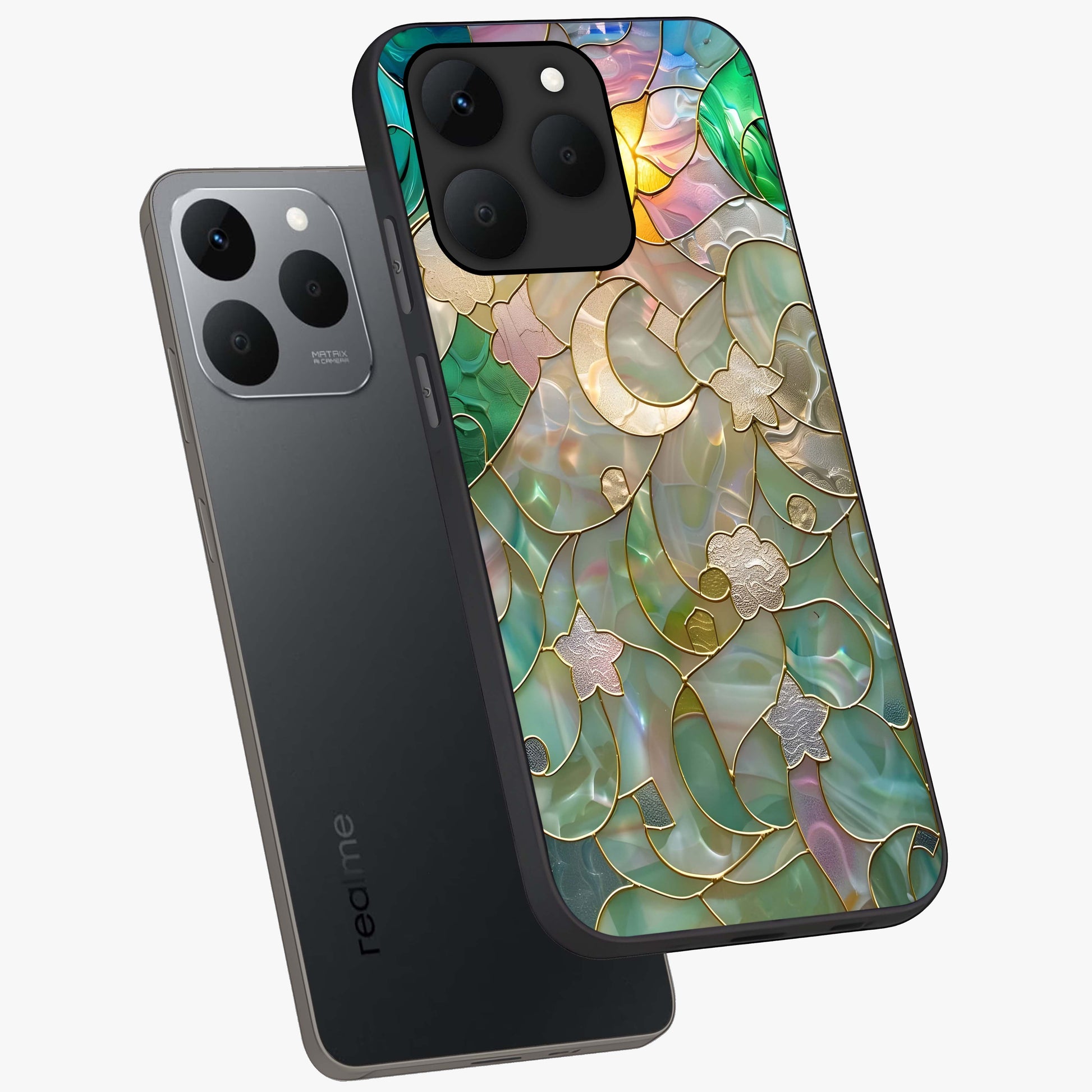 Stained Sunrise Glow Glass Case displayed in angled mockup highlighting radiant sunrise design with artistic aesthetic style.