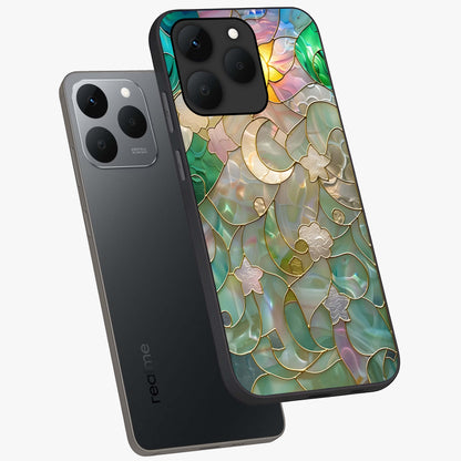 Stained Sunrise Glow Glass Case displayed in angled mockup highlighting radiant sunrise design with artistic aesthetic style.
