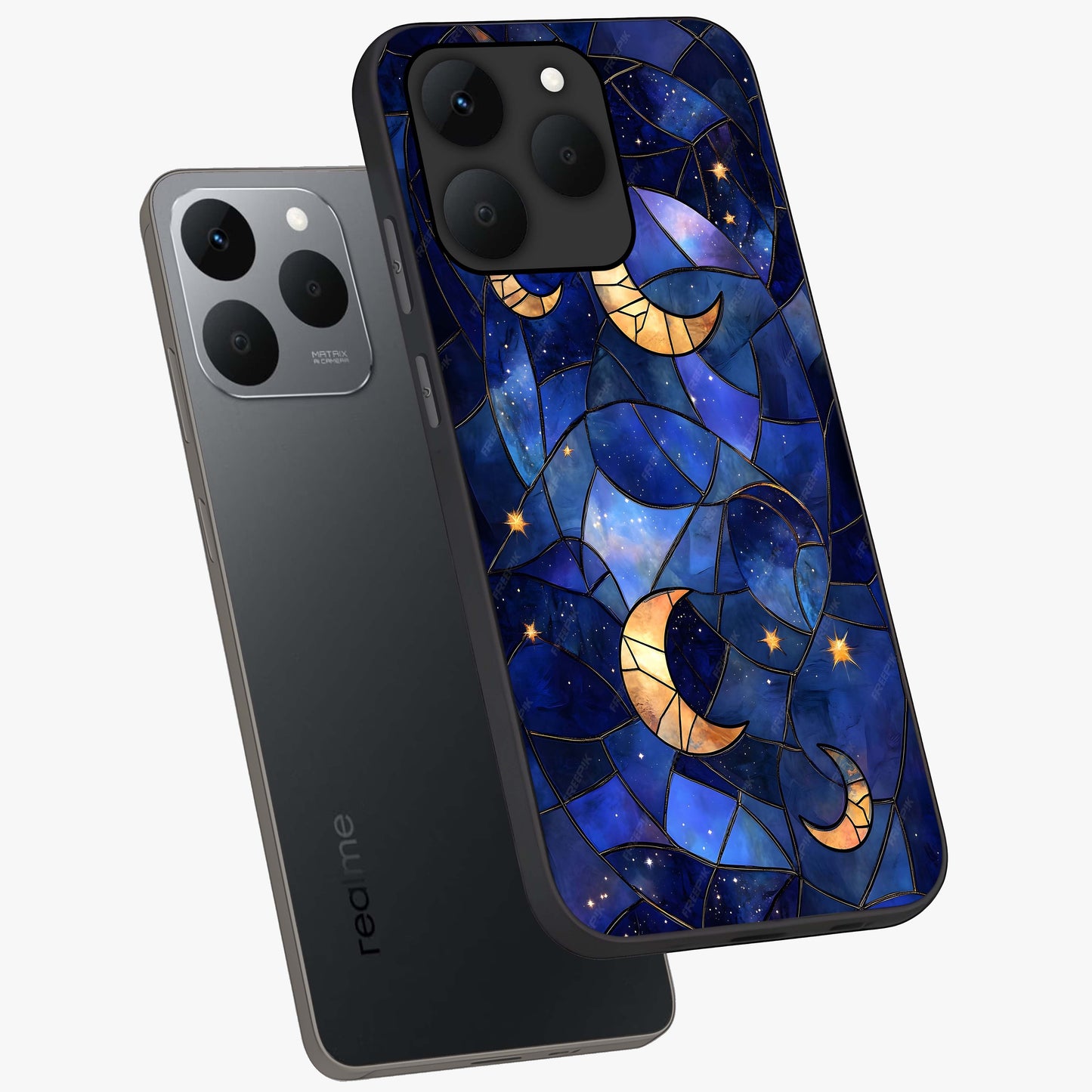 Starlit Sky Tapestry Glass Case displayed in angled mockup highlighting celestial night pattern with artistic aesthetic style.