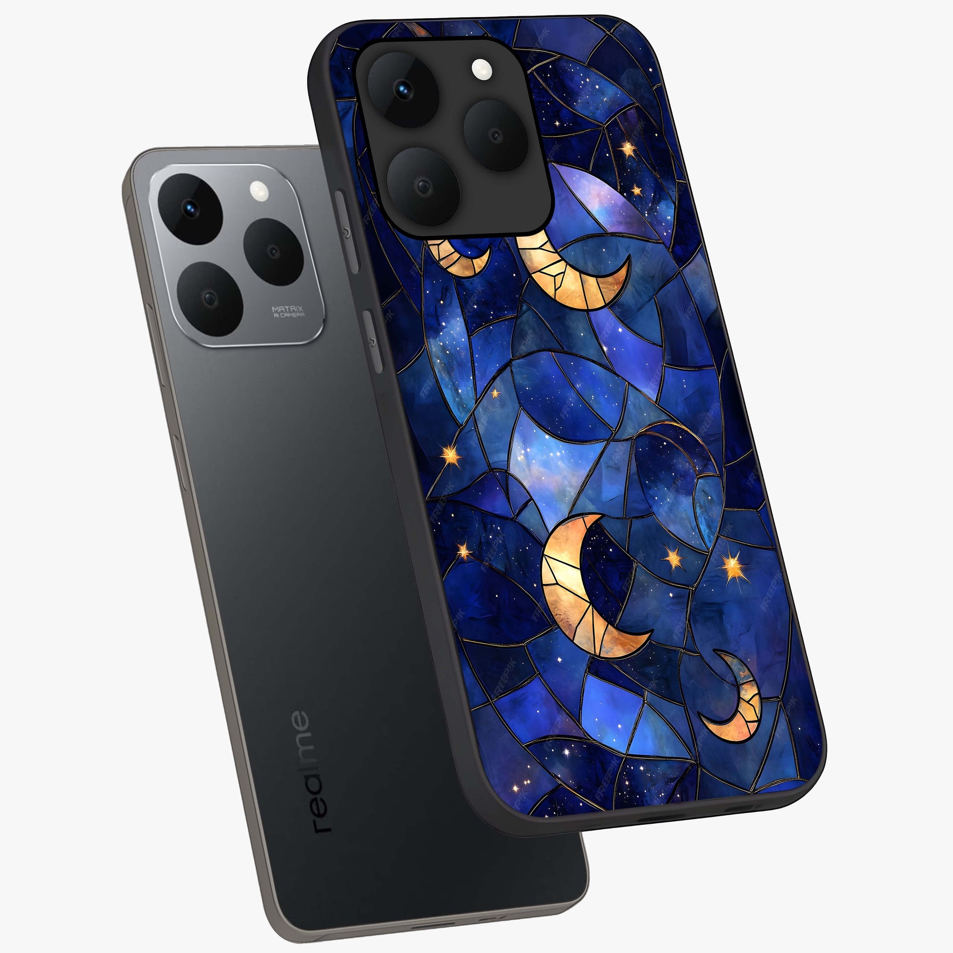 Starlit Sky Tapestry Glass Case displayed in angled mockup highlighting celestial night pattern with artistic aesthetic style.