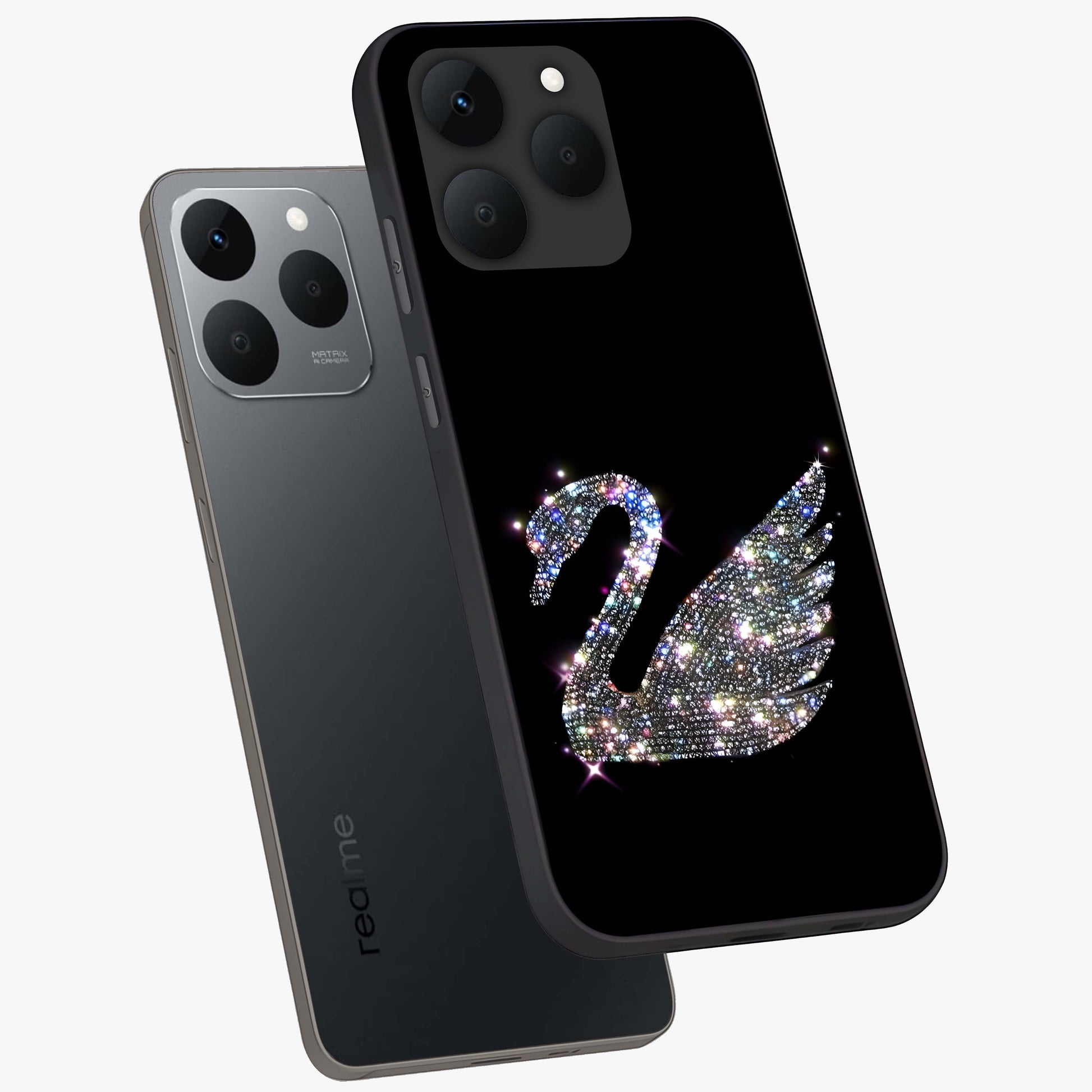 Starlit Swan Grace Glass Case displayed in angled mockup highlighting elegant swan illustration with dreamy celestial aesthetic.