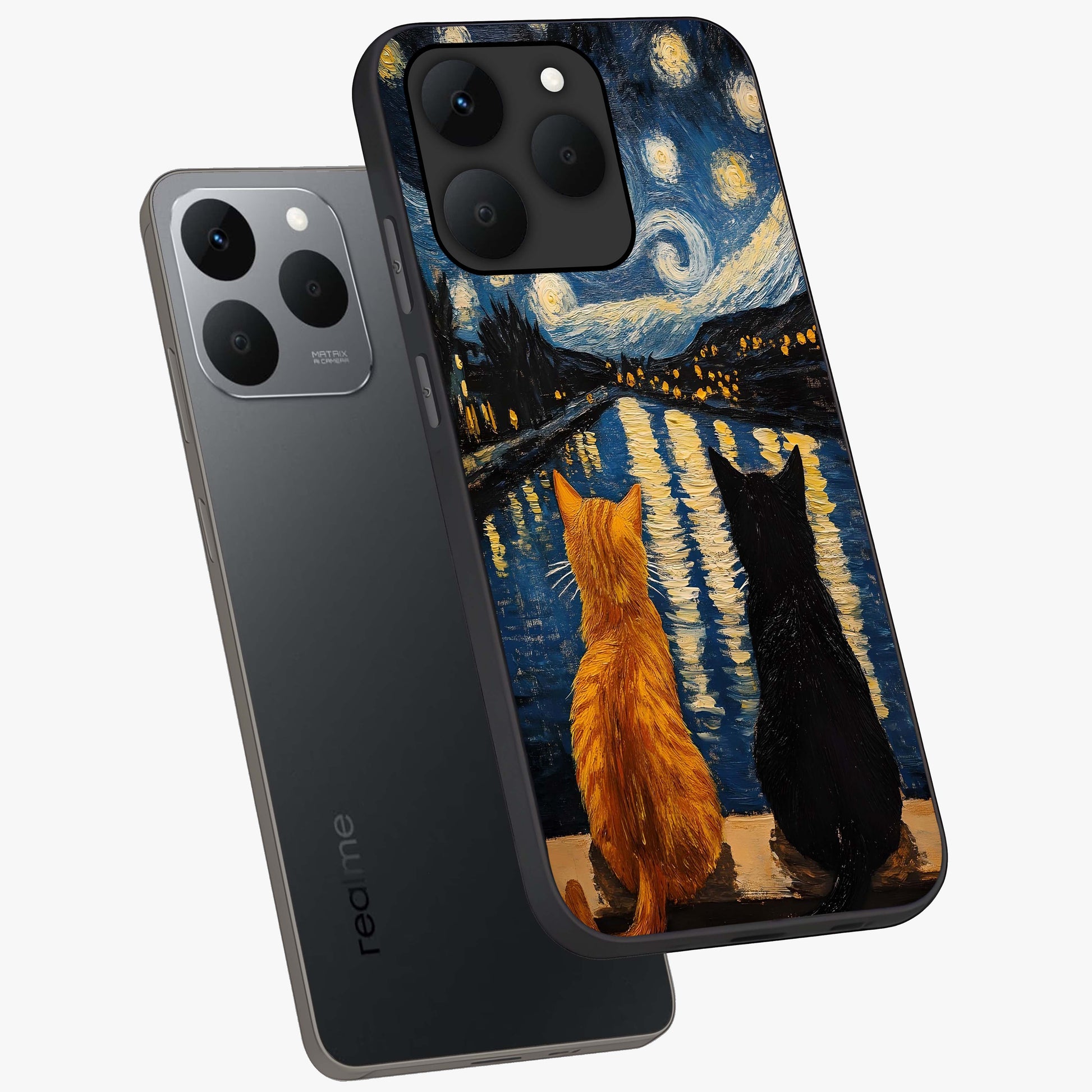 Starry River Cats Glass Case displayed in angled mockup highlighting charming feline illustration with dreamy night aesthetic.