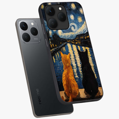 Starry River Cats Glass Case displayed in angled mockup highlighting charming feline illustration with dreamy night aesthetic.