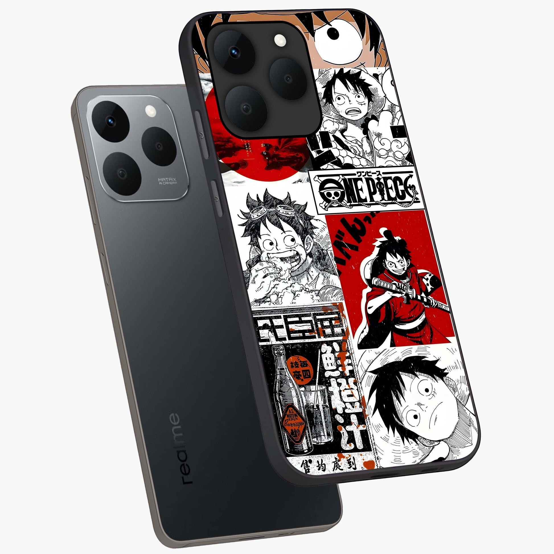 Strawhat Chaos Panels Glass Case displayed in angled mockup highlighting vibrant anime collage design with action aesthetic.