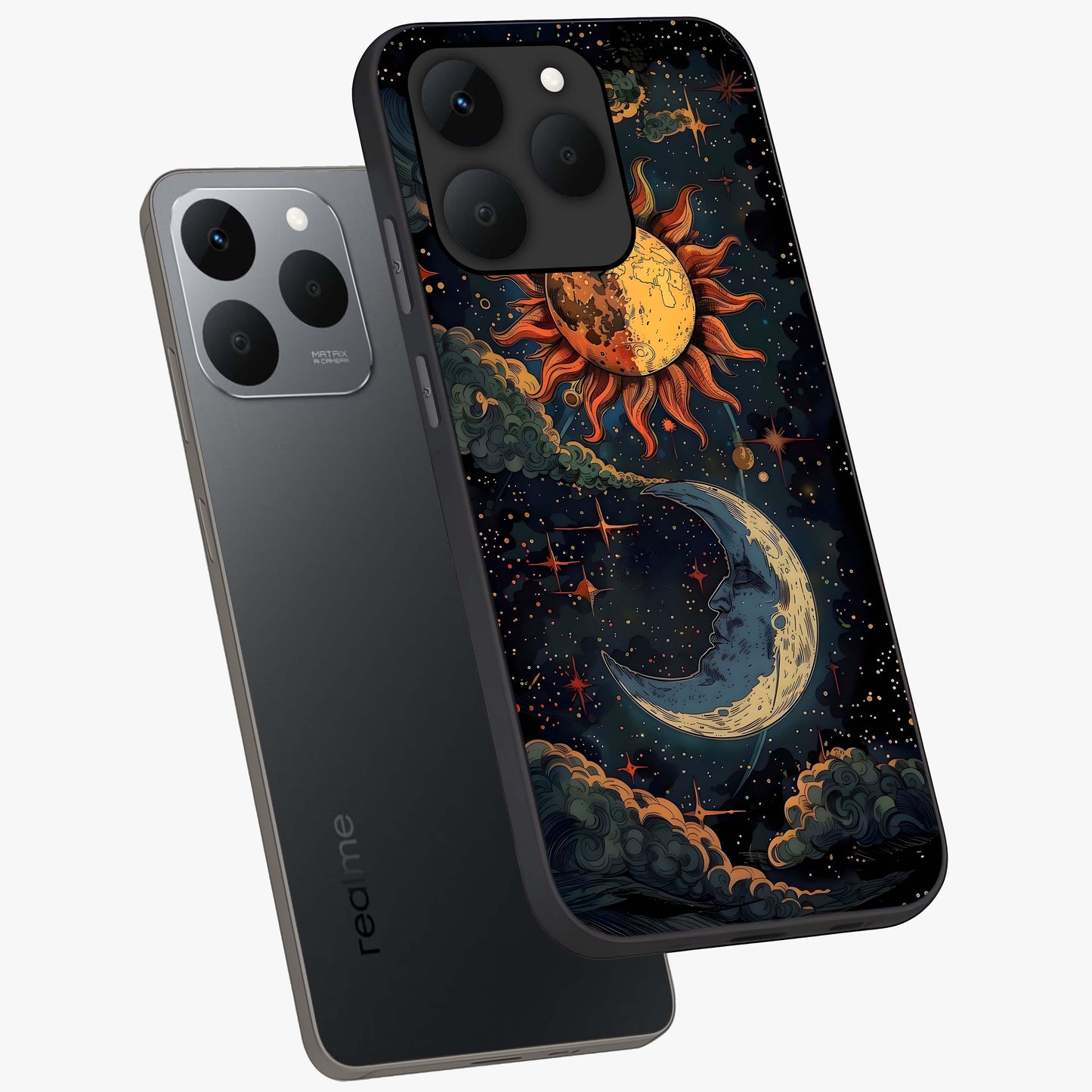 Sun And Moon Magic Design Glass Case displayed in angled mockup highlighting celestial design with magical cosmic aesthetic.