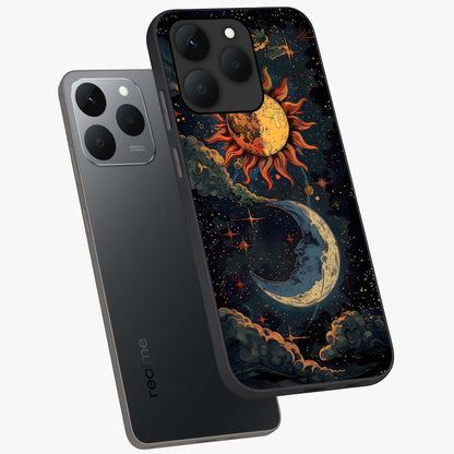 Sun And Moon Magic Design Glass Case displayed in angled mockup highlighting celestial design with magical cosmic aesthetic.