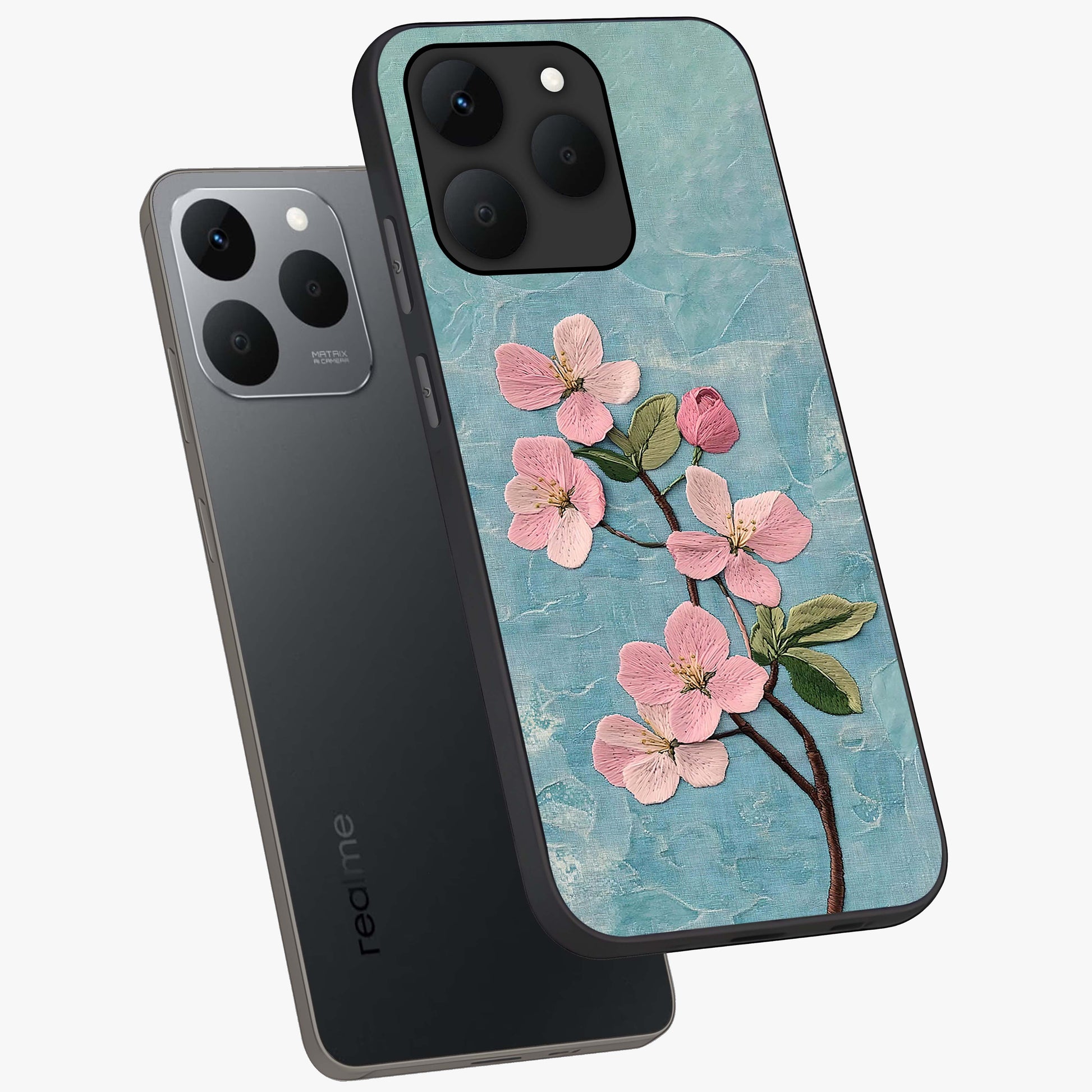 Threaded Blossom Breeze Glass Case displayed in angled mockup highlighting elegant floral design with soft aesthetic style.