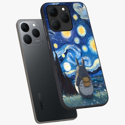 Totoro In Van Gogh Art Glass Case displayed in angled mockup highlighting artistic swirling sky design with playful animation aesthetic.