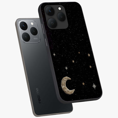 Twinkle Star With Half Moon Glass Case displayed in angled mockup highlighting celestial moon and star design with magical aesthetic.