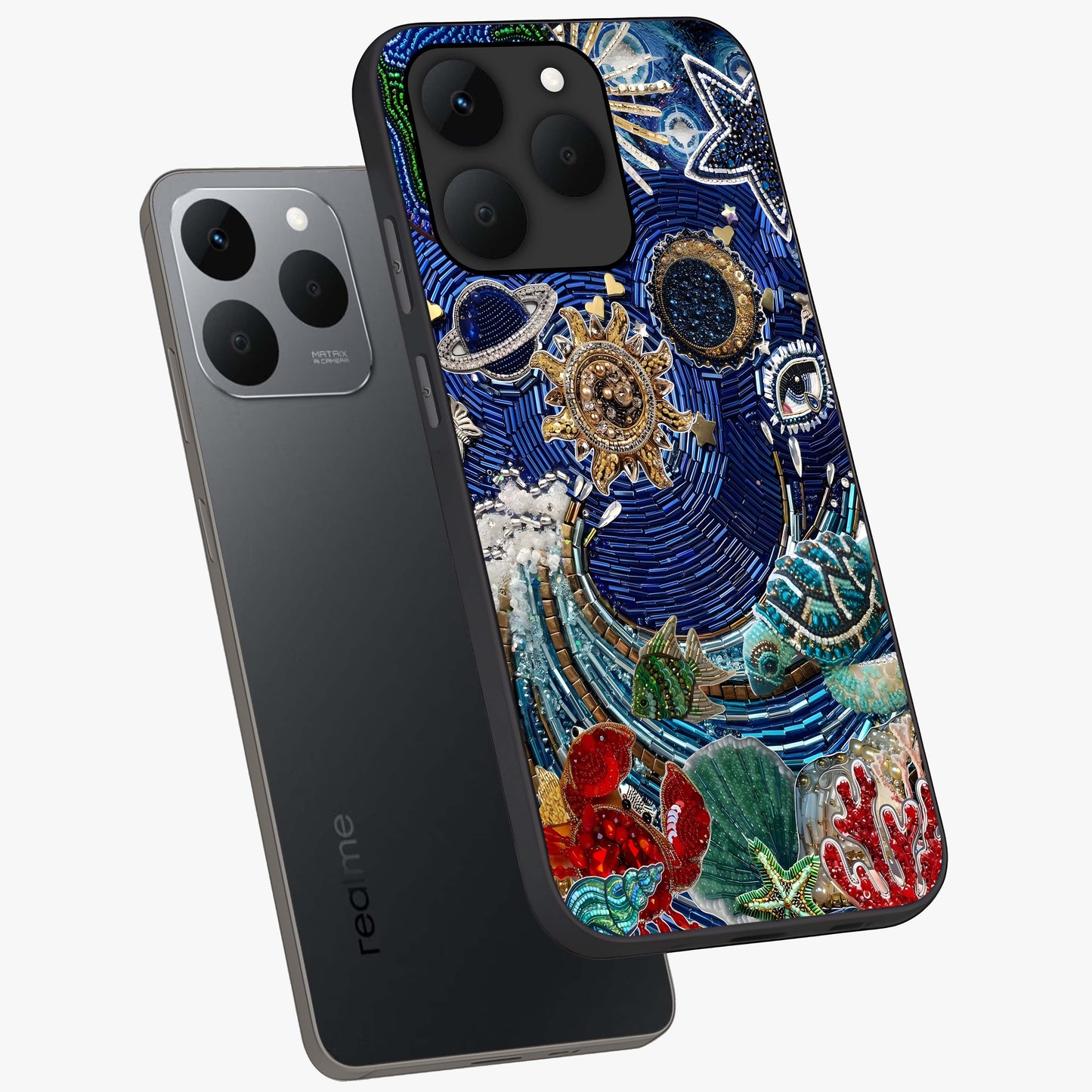 Universe Underwater Spark Glass Case displayed in angled mockup highlighting glowing aquatic design with celestial aesthetic.