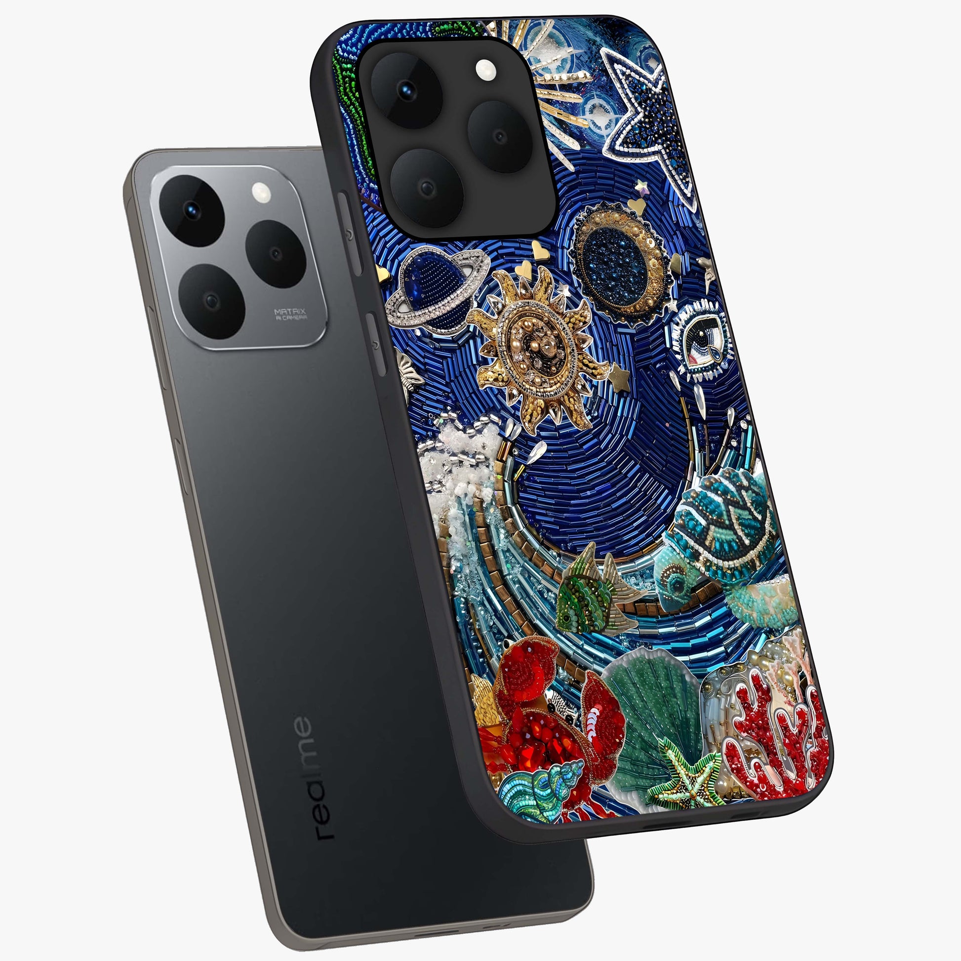 Universe Underwater Spark Glass Case displayed in angled mockup highlighting glowing aquatic design with celestial aesthetic.