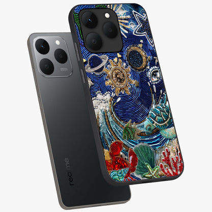 Universe Underwater Spark Glass Case displayed in angled mockup highlighting glowing aquatic design with celestial aesthetic.