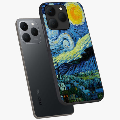 Van Gogh Art Glass Case displayed in angled mockup highlighting swirling brushstroke design with artistic aesthetic.