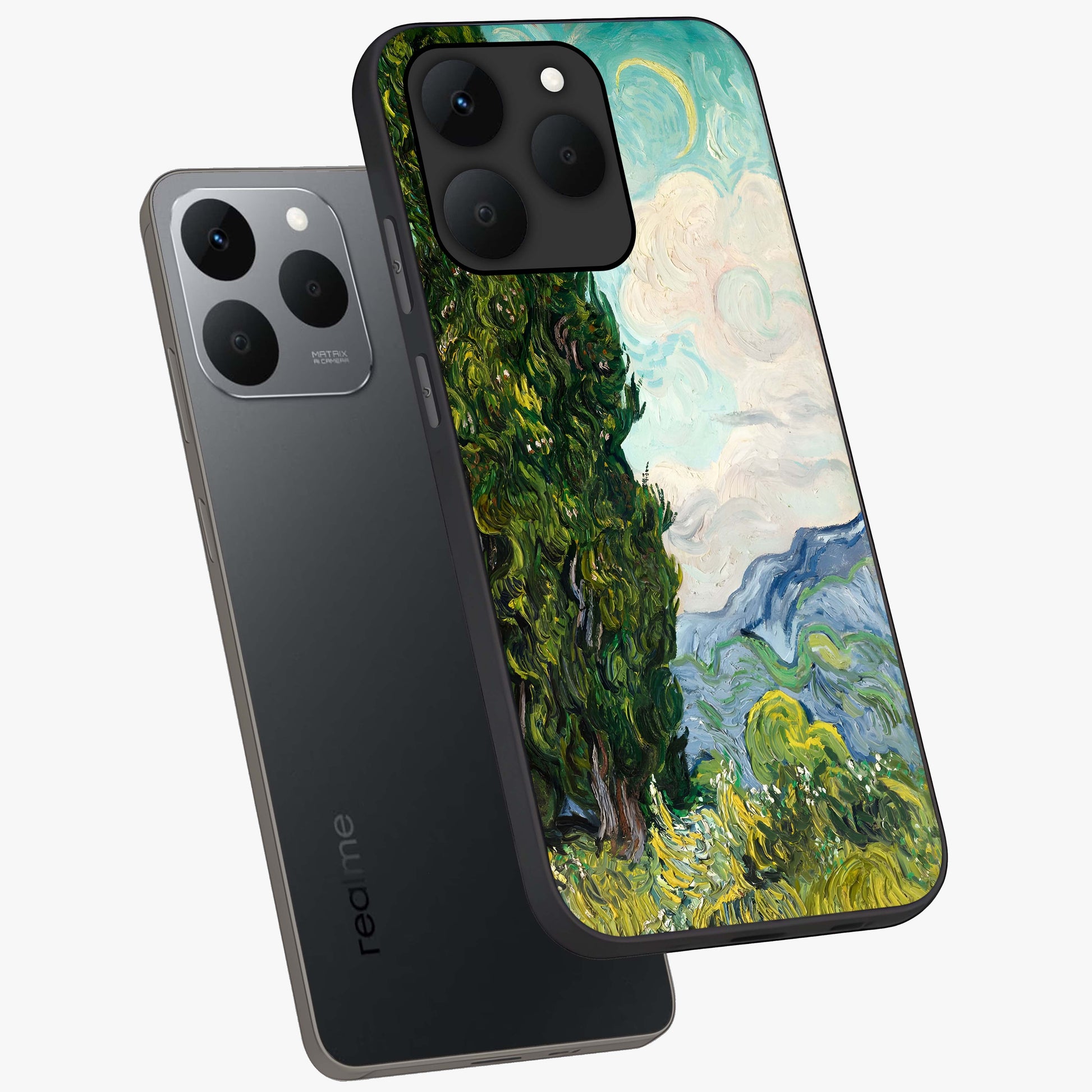 Van Gogh Vintage Art Glass Case displayed in angled mockup highlighting textured brushstroke design with classic aesthetic.