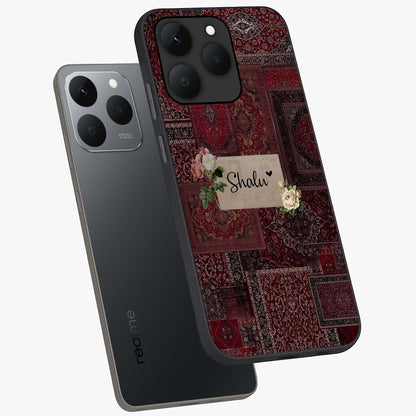 Velvet Wine Pattern Custom Name Glass Case displayed in angled mockup highlighting decorative velvet inspired design with custom name feature.