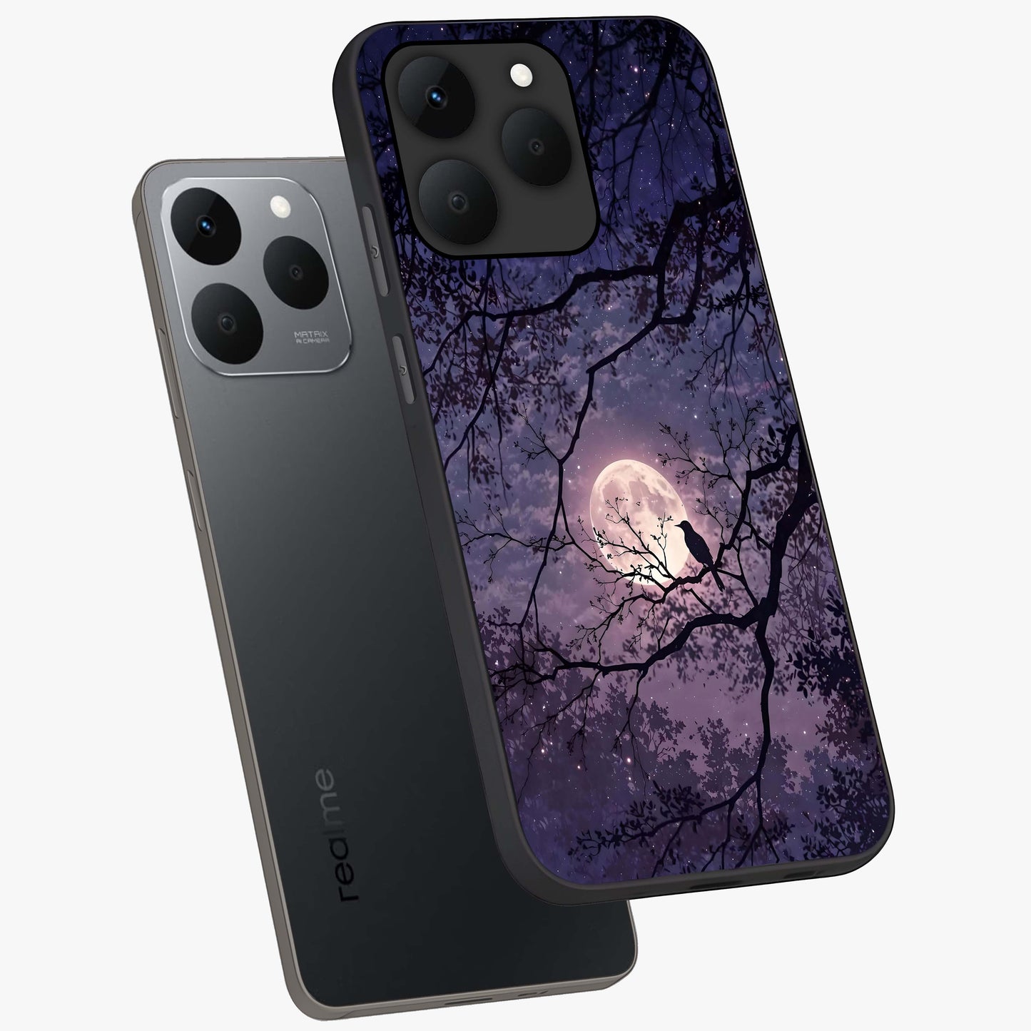Whispering Moon Silence Glass Case displayed in angled mockup highlighting calm lunar design with dreamy night aesthetic.